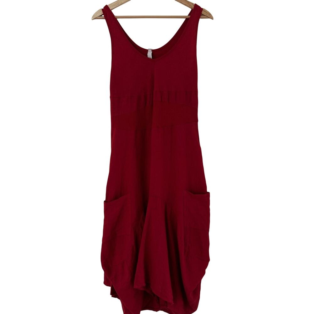Inizio Magic Linen Dress XL Red Bubble Hem Lagenlook Sleeveless Italy Pockets - Picture 5 of 10